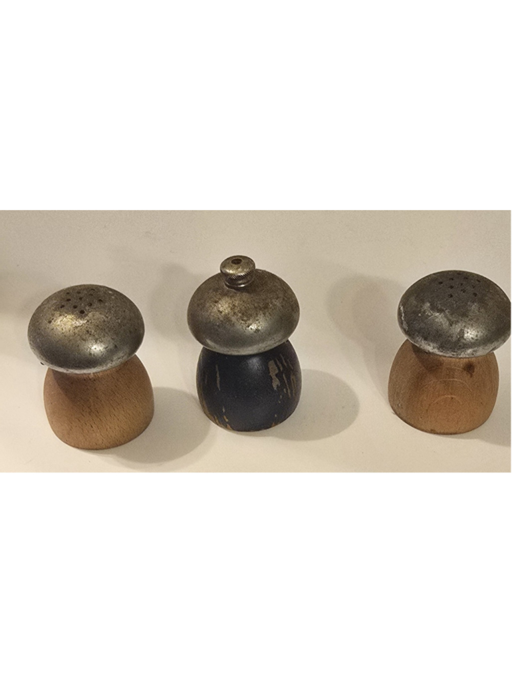 Vintage Mushroom Shaped Salt Shaker, Pepper Shaker And Pepper Grinder.